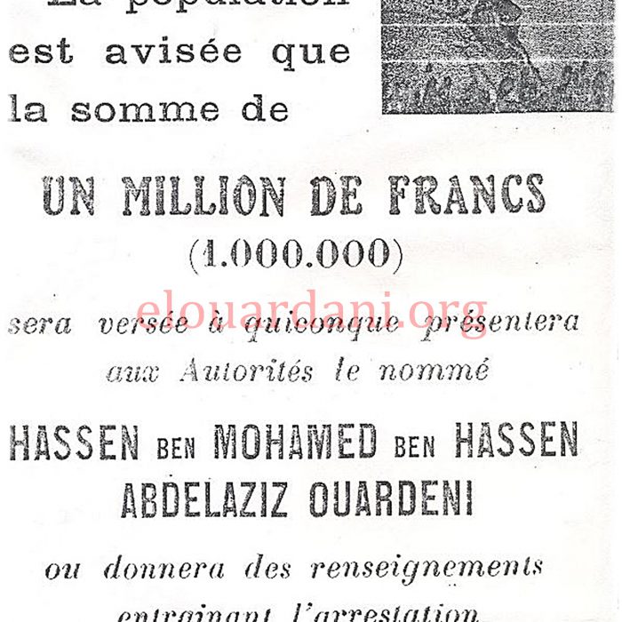 Wantted letter ( 1 million Franc) for El Ouardani written in French